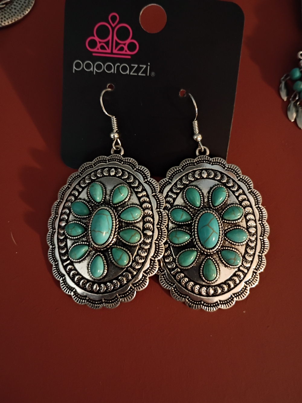 Paparazzi Silver Turquoise Oval Western Drop Earrings